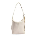 Women's genuine cowhide leather bucket shoulder bag in elephant grey colour showing soft construction and casual styling