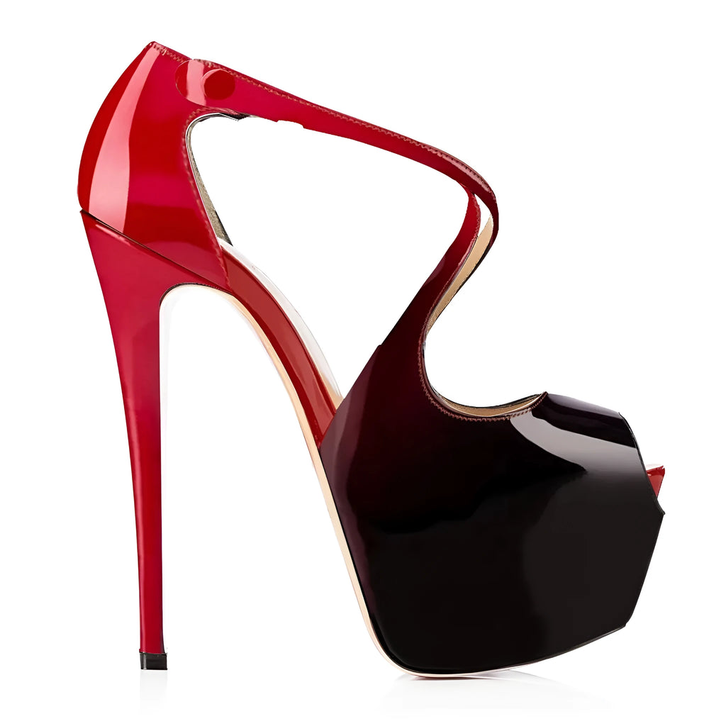 Women's black and red peep toe high heel shoes with a cross strap and super high heel.
