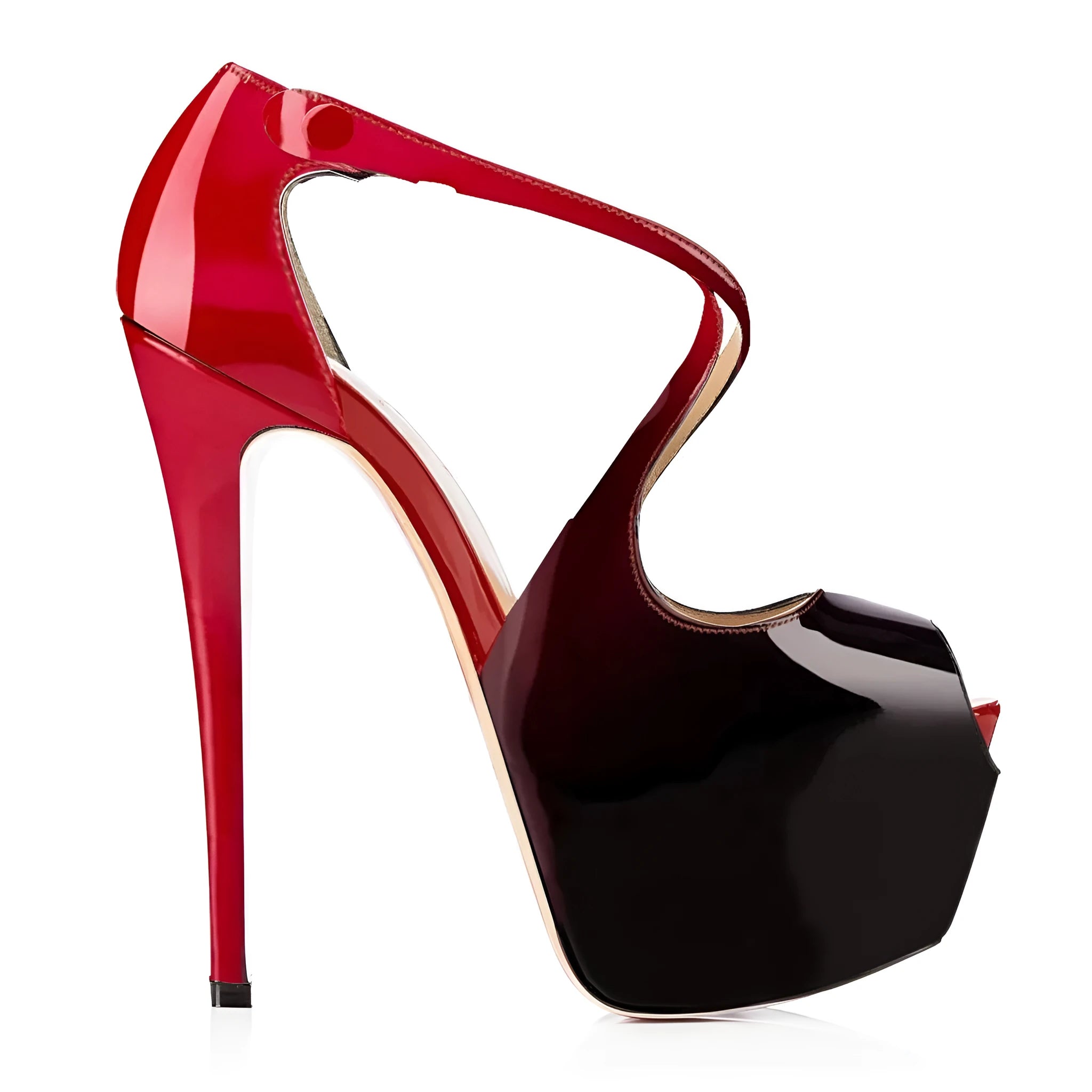 Women's black and red peep toe high heel shoes with a cross strap and super high heel.