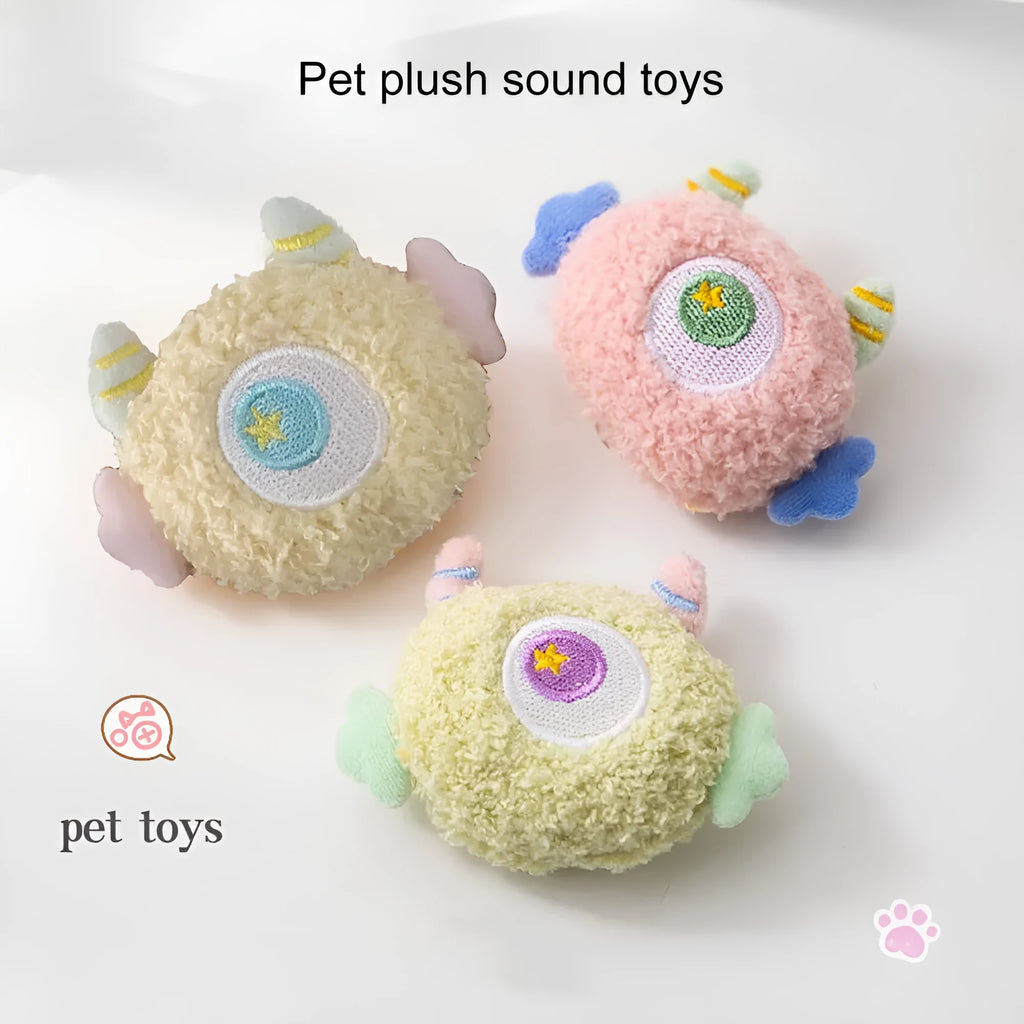 Cartoon plush squeaky dog chew toy with big eyes in grey, green, pink, white or yellow colours