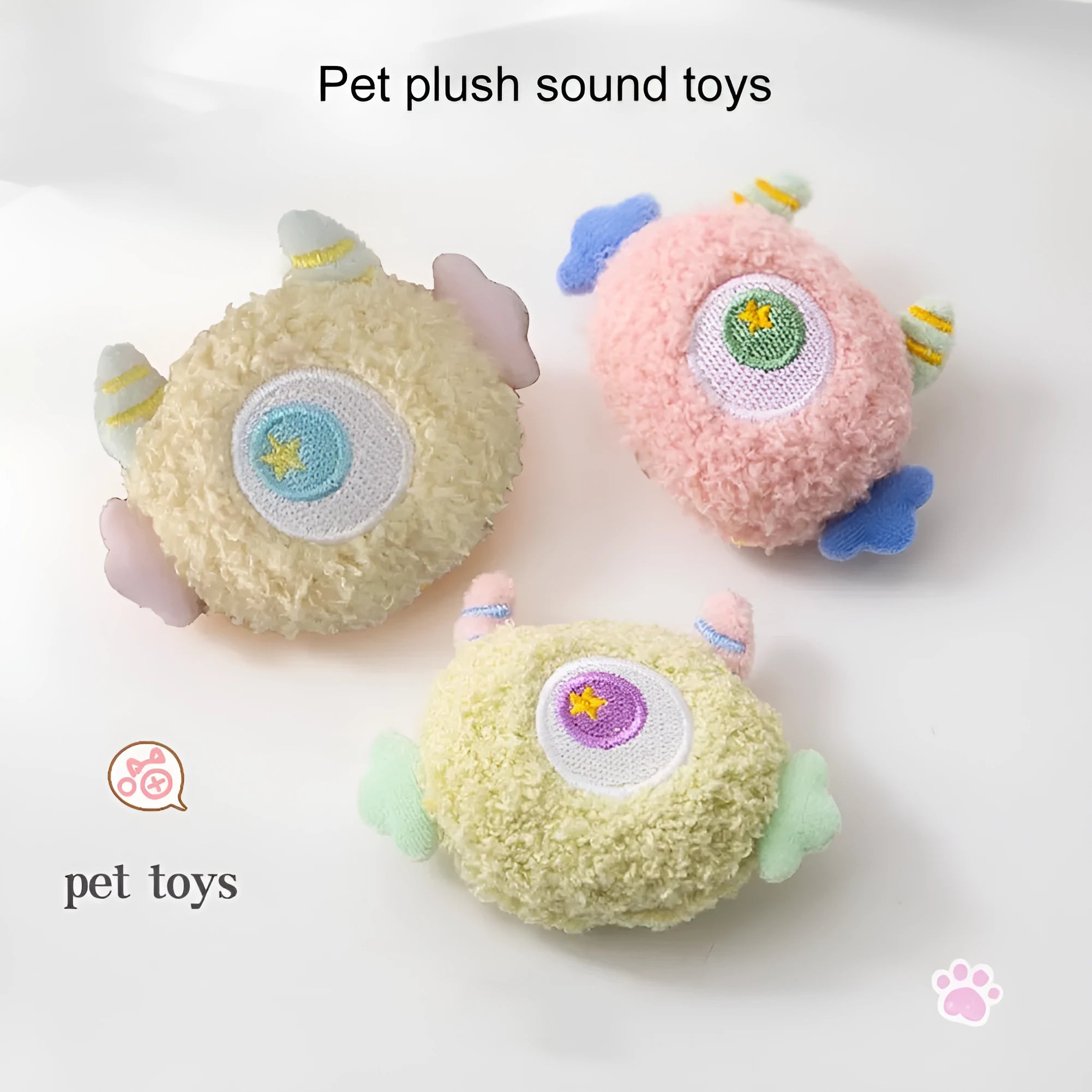 Cartoon plush squeaky dog chew toy with big eyes in grey, green, pink, white or yellow colours
