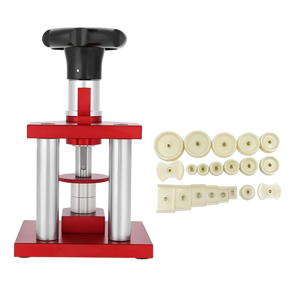 Watch repair spiral cap presser device with capsulator and set of 20 plastic moulds on a work surface.