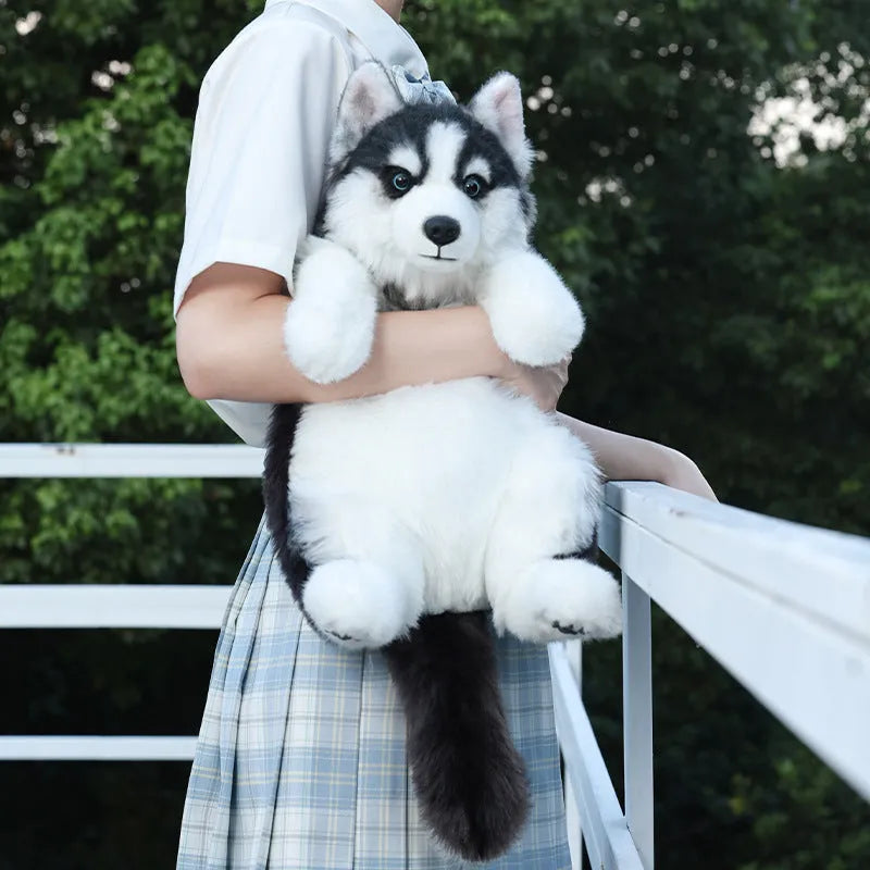 Husky plush simulation bag toy with blue plaid scarf in gift box packaging