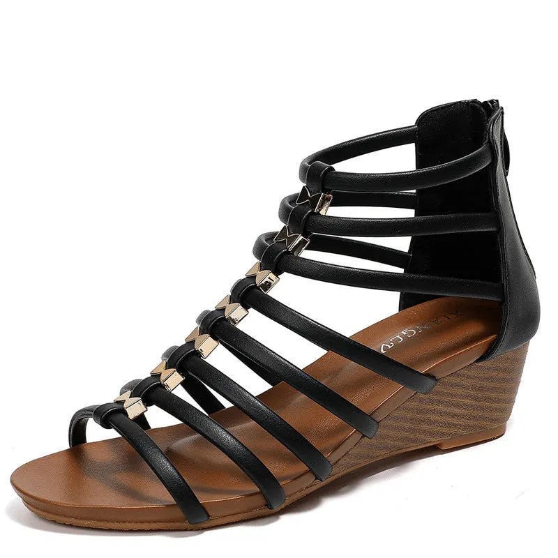 Women's wedge sandals with back zipper, PU upper, round toe, sizes 36-43, in black, brown, pink, light gold, milky white, or beige.