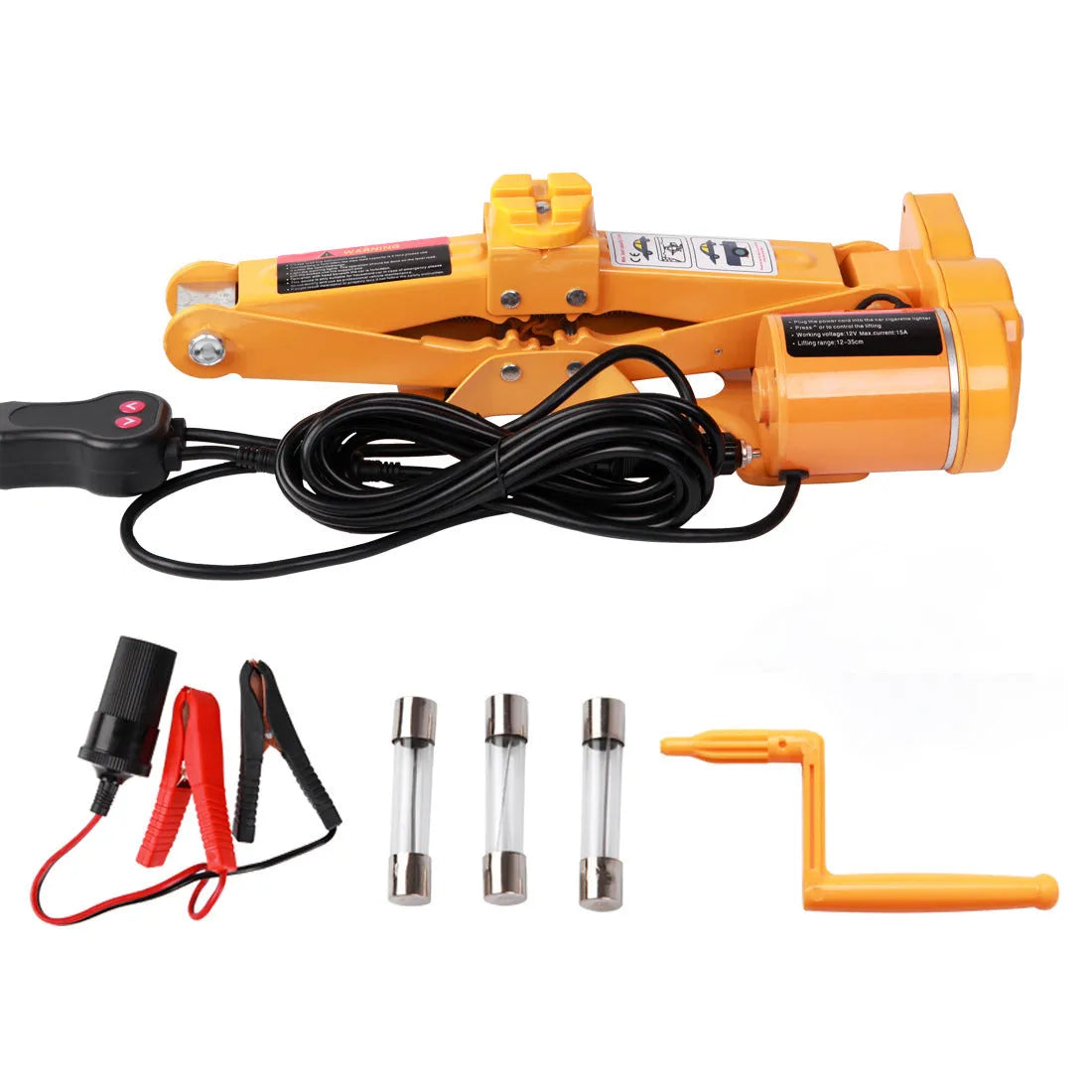 Electric hydraulic car jack kit with 2-tonne lifting capacity, showing extended height.