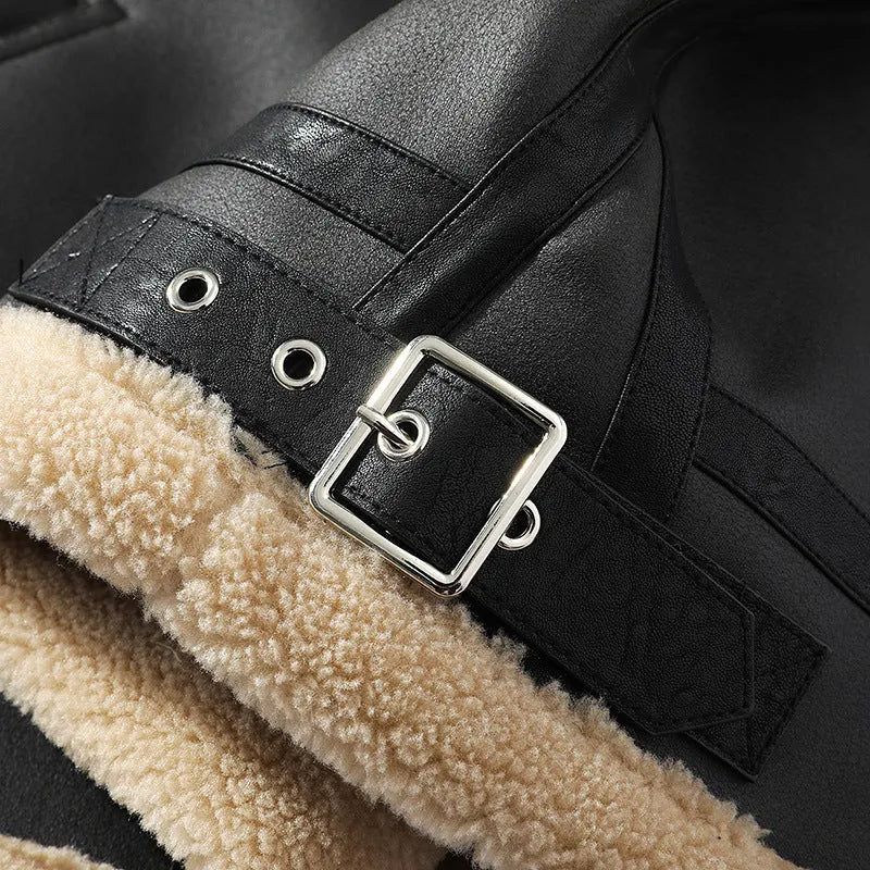Black men's winter fleece-lined PU leather coat, short retro style, sizes M to 5XL