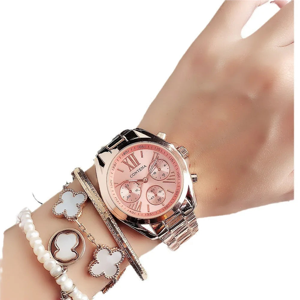 Women's silver rose gold watch with diamond details and mesh strap