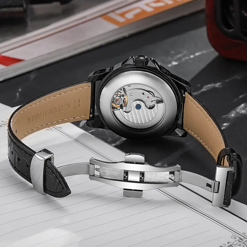 Men's automatic waterproof watch with luminous hands on a stainless steel bracelet.