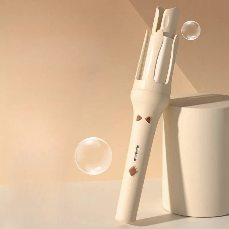 White and pink automatic hair curler with a rotating 32mm ceramic barrel and a power plug.
