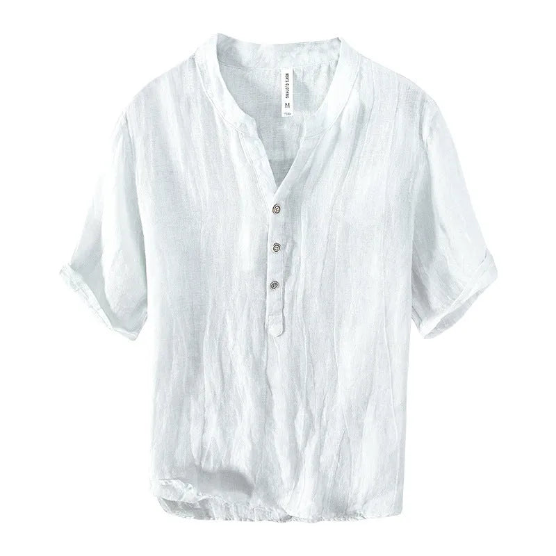 Men's grey linen short sleeve pullover top on a hanger