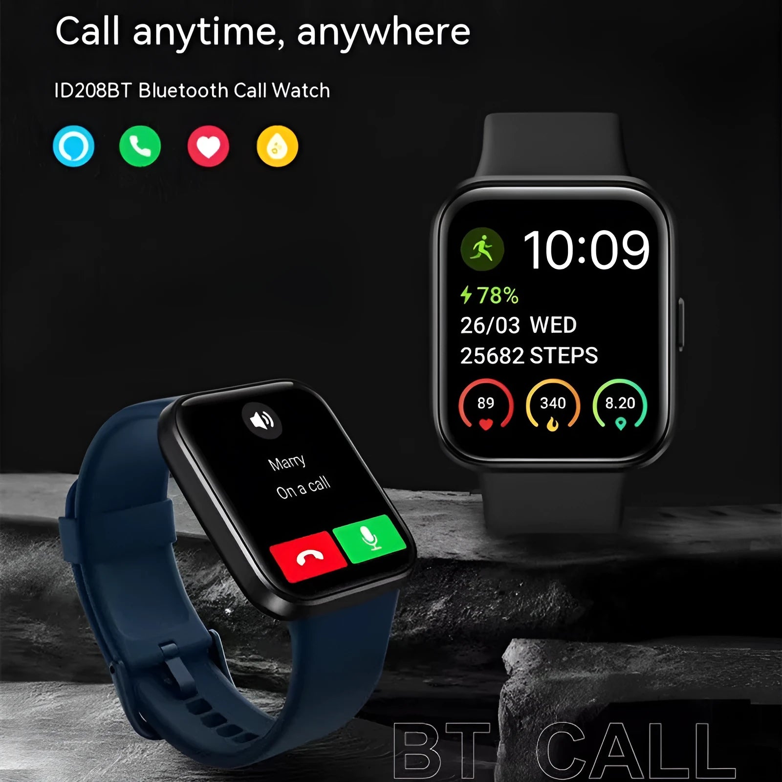 Smart watch with colour touch screen displaying health stats, shown in black, pink, blue, and green colour options.