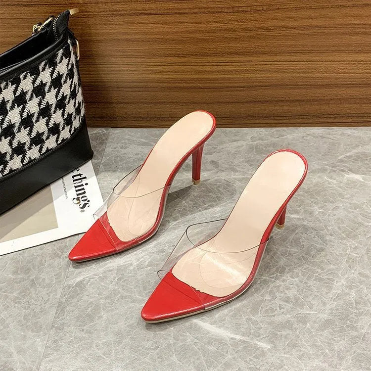 Women's black ultra-high vamp stiletto heel slipper with pointed toe and rubber sole
