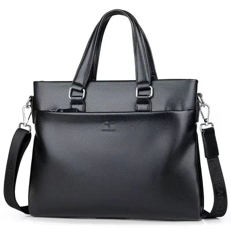 Black and brown PU leather men's messenger bag with splicing design, shown with crossbody strap.