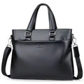 Black and brown PU leather men's messenger bag with splicing design, shown with crossbody strap.