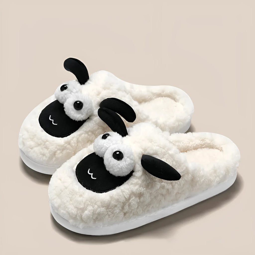 Brown, grey and white lambswool suede slip-on slippers with a sewn PVC sole.
