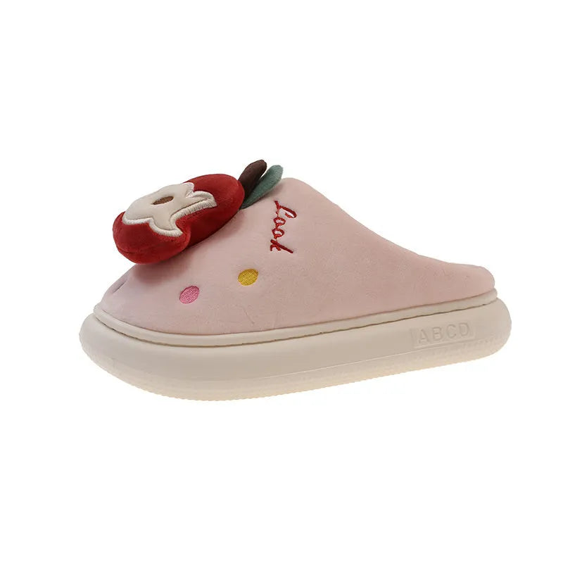 Velvet thermal non-slip cotton slippers for women in pink and white, with EVA sole and velboa lining