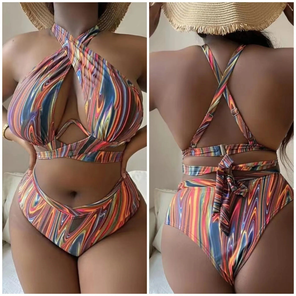 Women's plus size high waist floral bikini swimsuit with split leg design