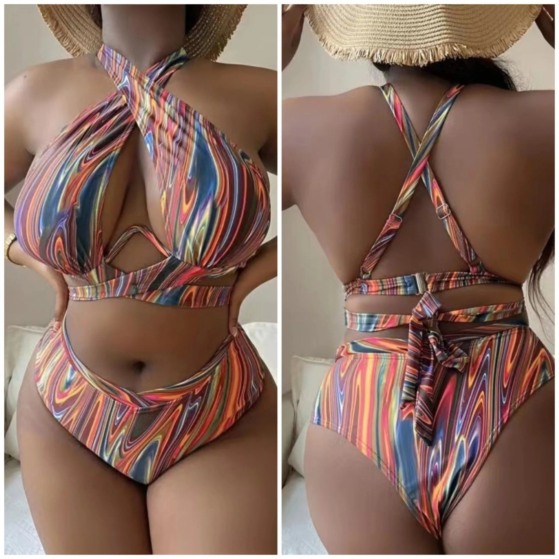 Women's plus size high waist floral bikini swimsuit with split leg design