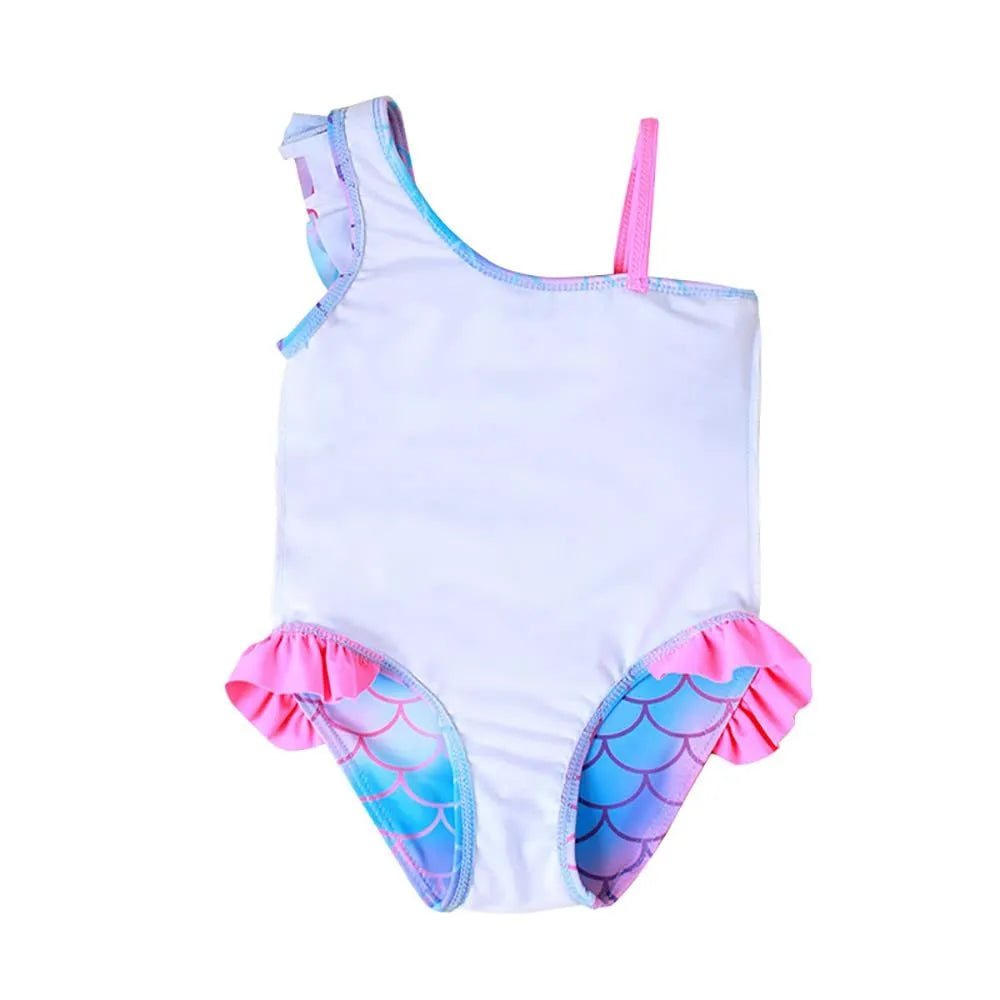 Girls' one-piece swimsuit with scale print and flounced gradient hem in nylon fabric