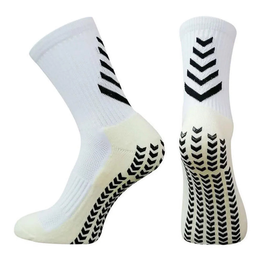 Men's patterned athletic sock in mid-calf length, showing non-slip silicone heel grip.