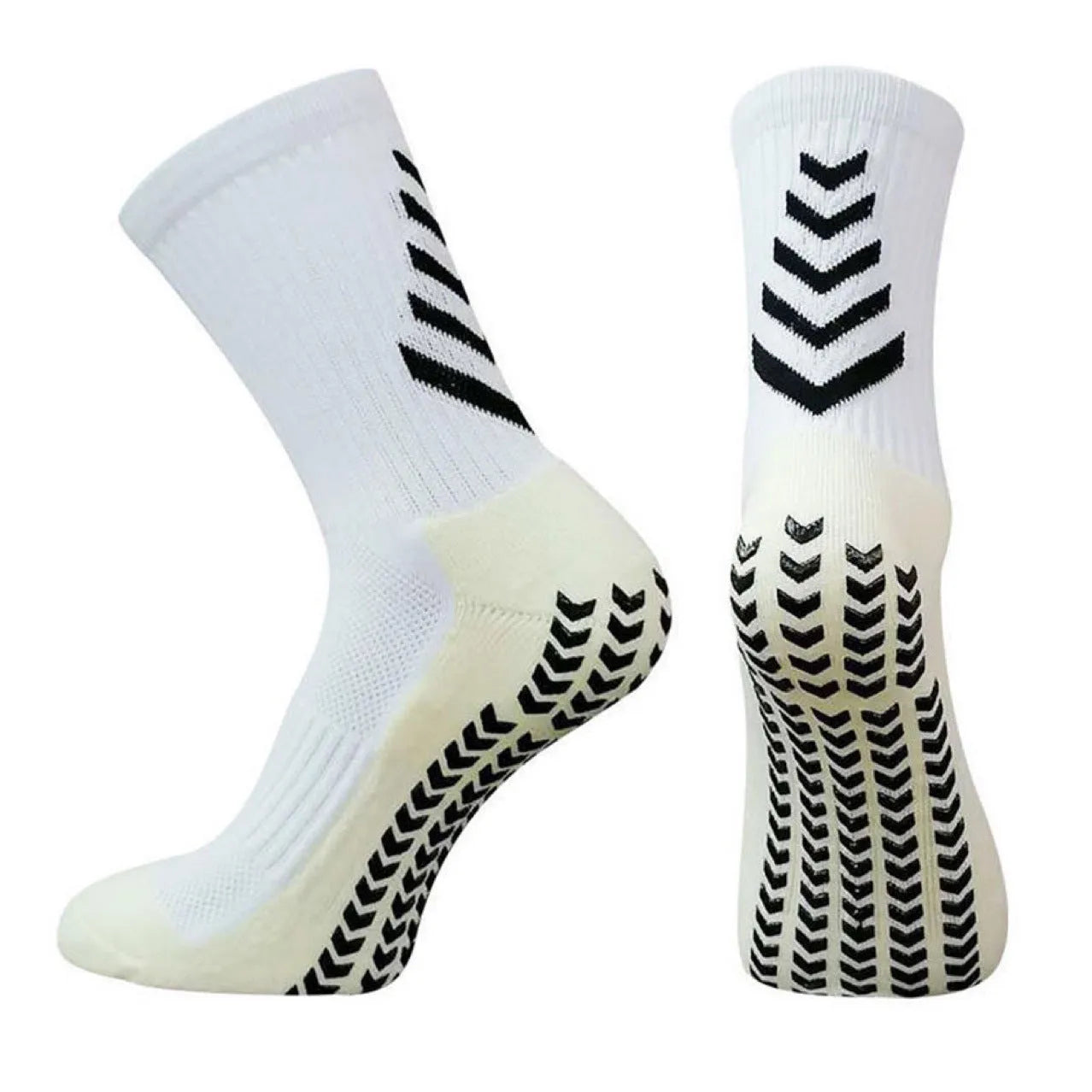 Men's patterned athletic sock in mid-calf length, showing non-slip silicone heel grip.