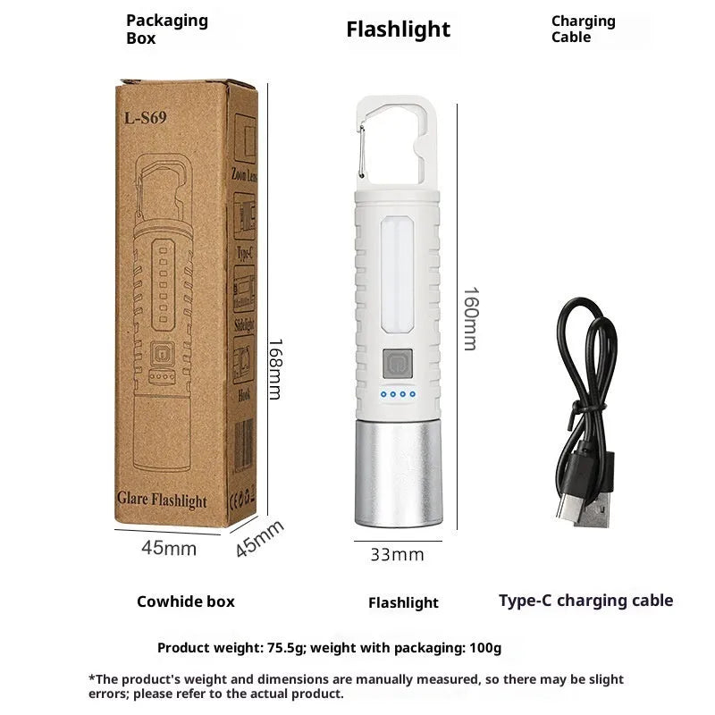 High-power ABS telescopic zoom flashlight with keychain, 800mAh battery, black body, portable outdoor illumination tool