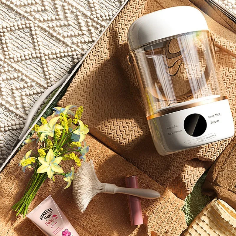 Personal portable electric stew cooker with glass liner in transparent or invisible version, capacity under 1 litre.