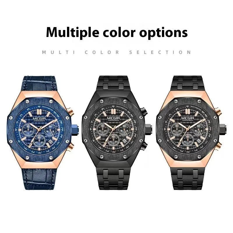 Men's waterproof quartz watch showing three band colour options: blue silicone, rose gold-edged black steel, and all-black steel