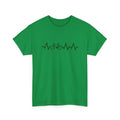 Green short-sleeve cotton t-shirt with a printed letter design on the front, laid flat.