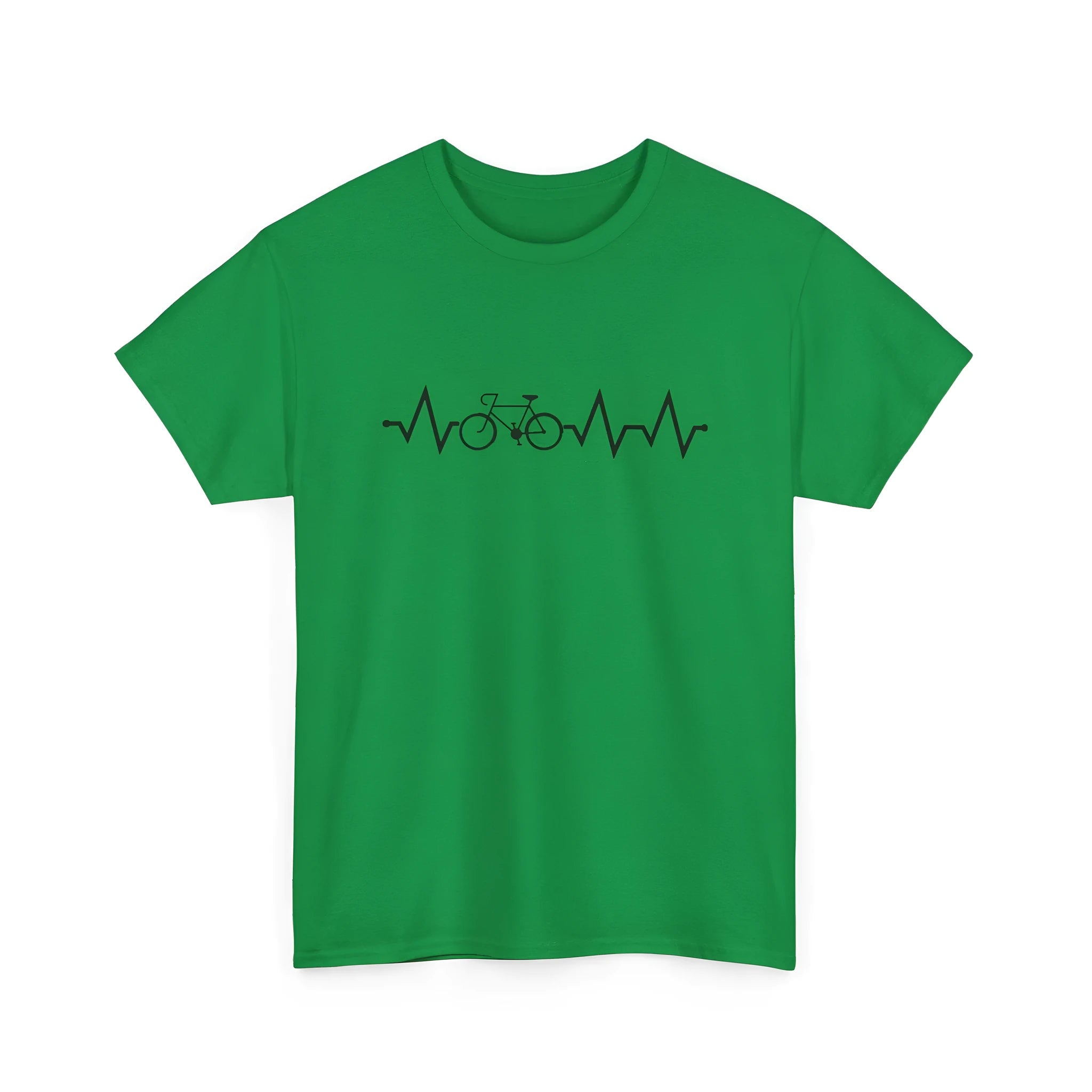 Green short-sleeve cotton t-shirt with a printed letter design on the front, laid flat.