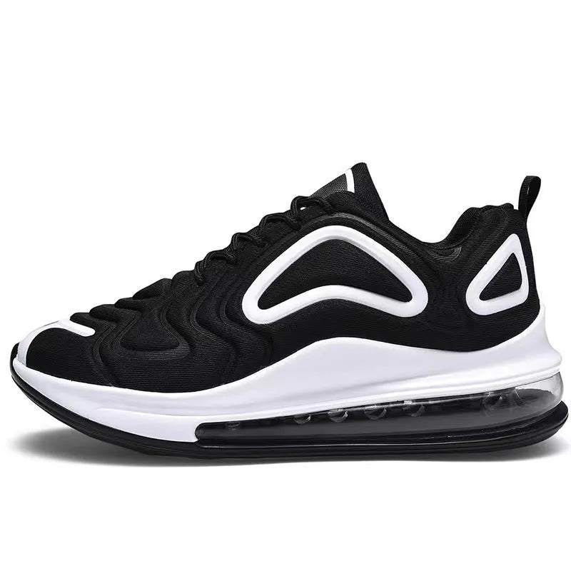 Men's black casual sneakers with lace-up front and a thick air cushion sole.