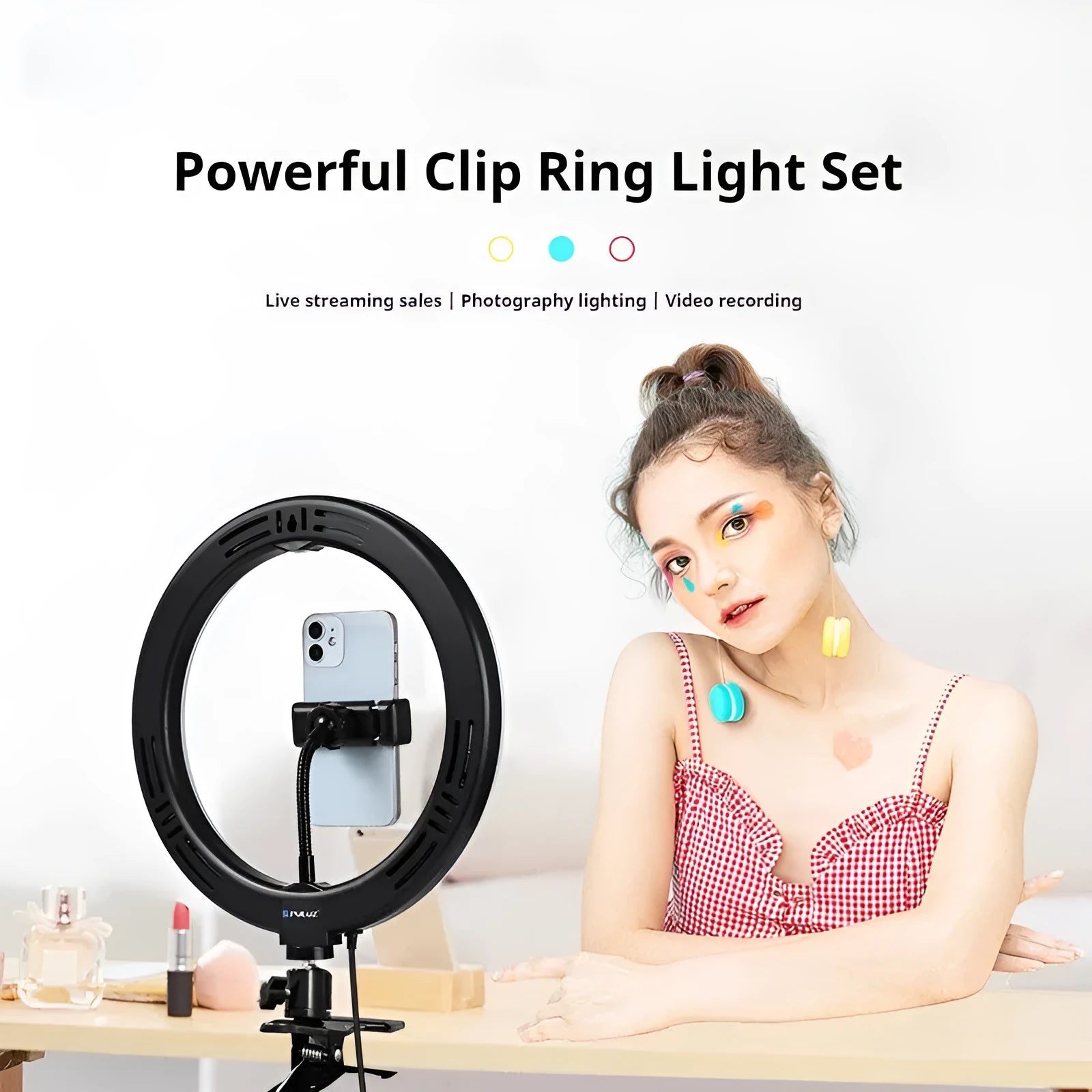 26cm desktop continuous ring light with strong clip, USB powered, 3200-5600K colour temperature, CRI above 95