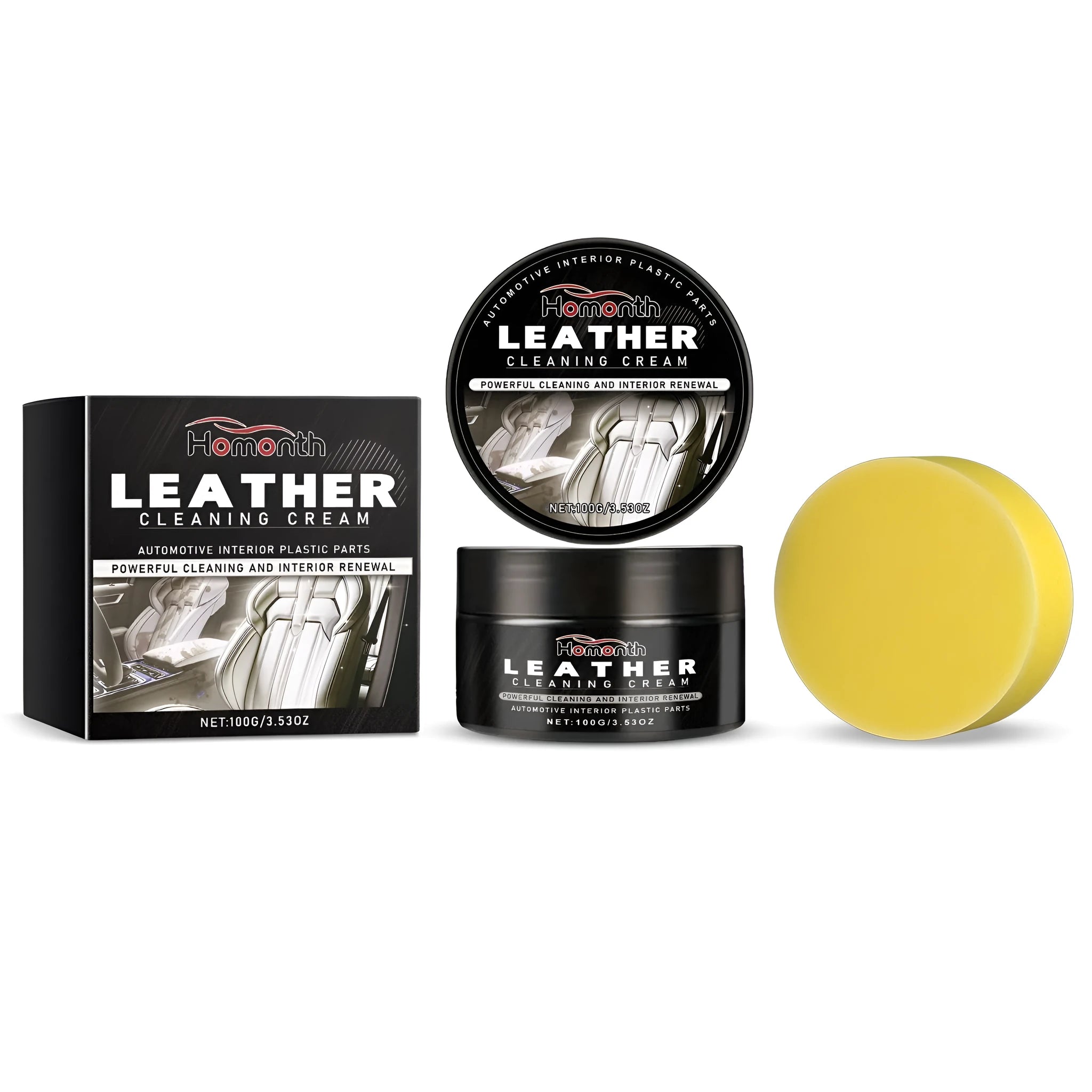 100g bottle of leather cleaning cream with a white applicator sponge on a blue background.