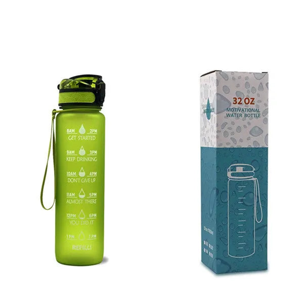 Blue-red gradient 1L Tritan water bottle with time markers and flip-top lid on a gym bag
