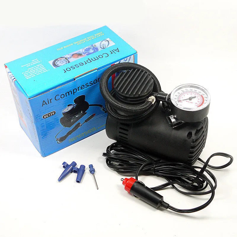 Black plastic 12V mini car air pump for tyre inflation measuring 13.5cm long