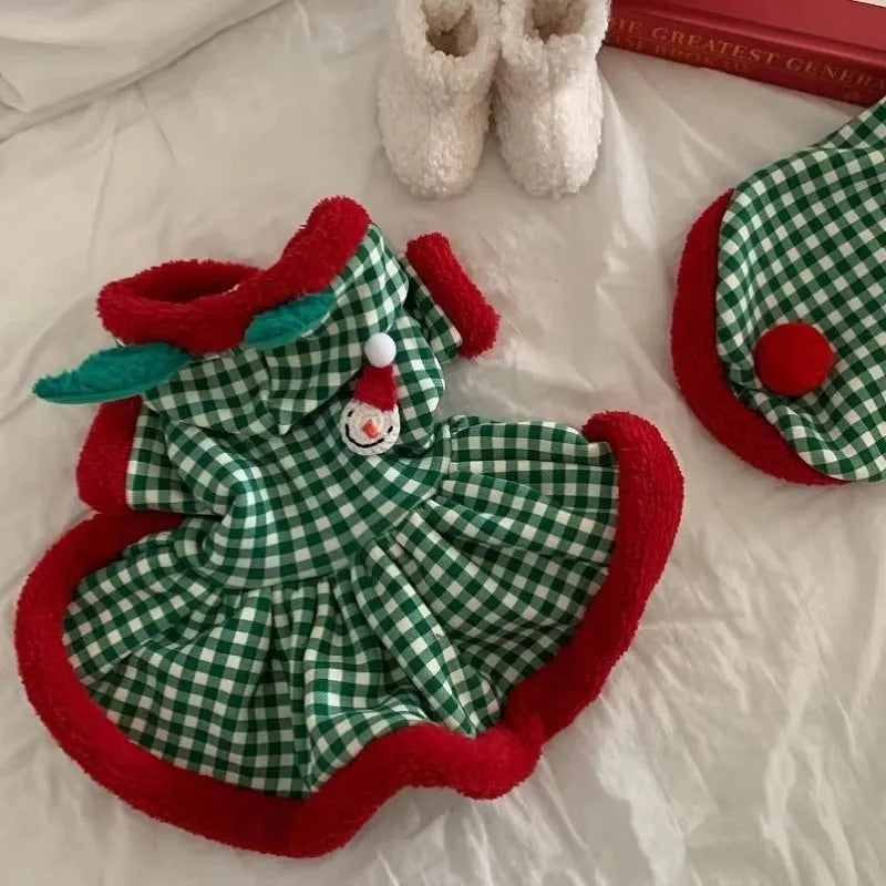 Plaid dog hoodie with snowman design in milk silk fabric, suitable for small breeds like Bichon Frise