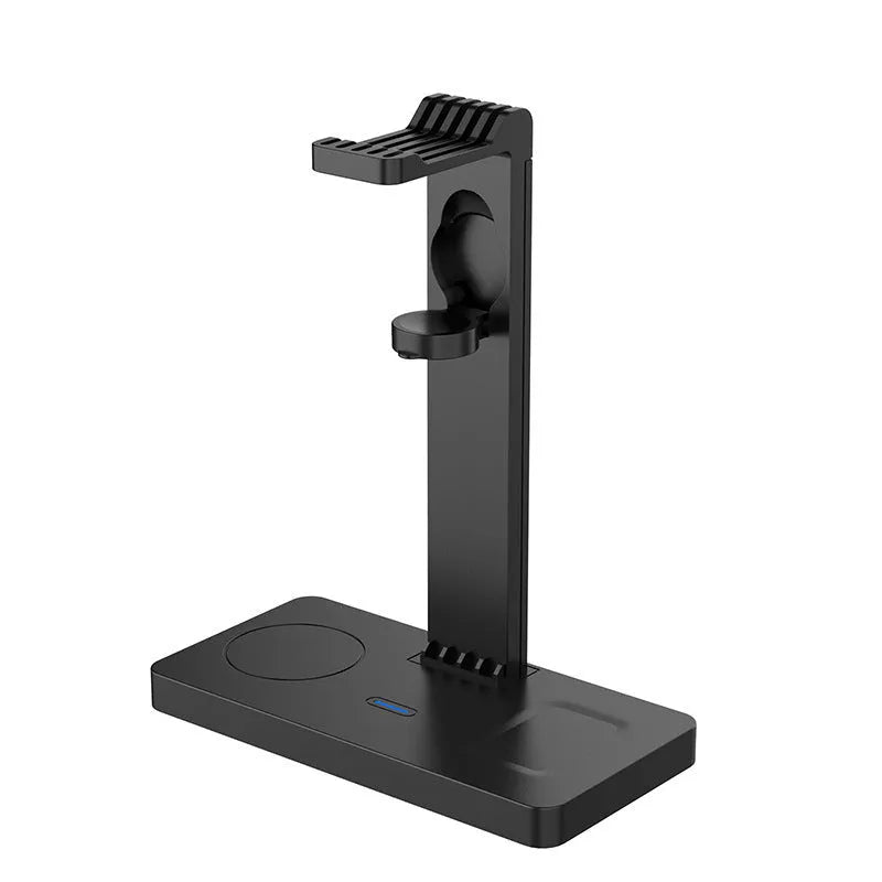Black multi-device wireless charging station with smartphone, smartwatch, and headset connected