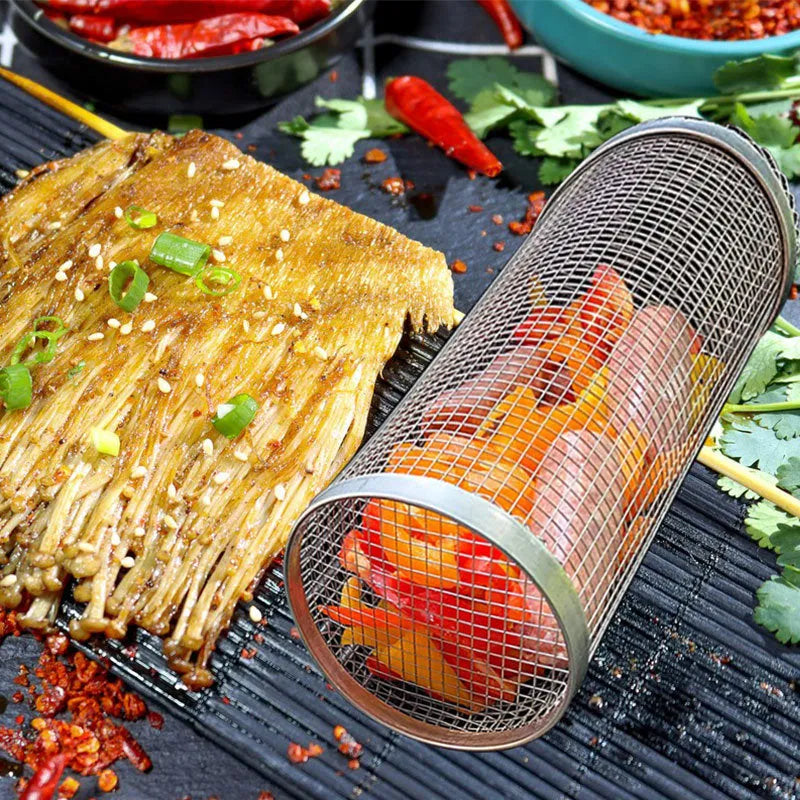 Stainless steel rolling BBQ grill basket with mesh cylinder design for vegetables meatballs