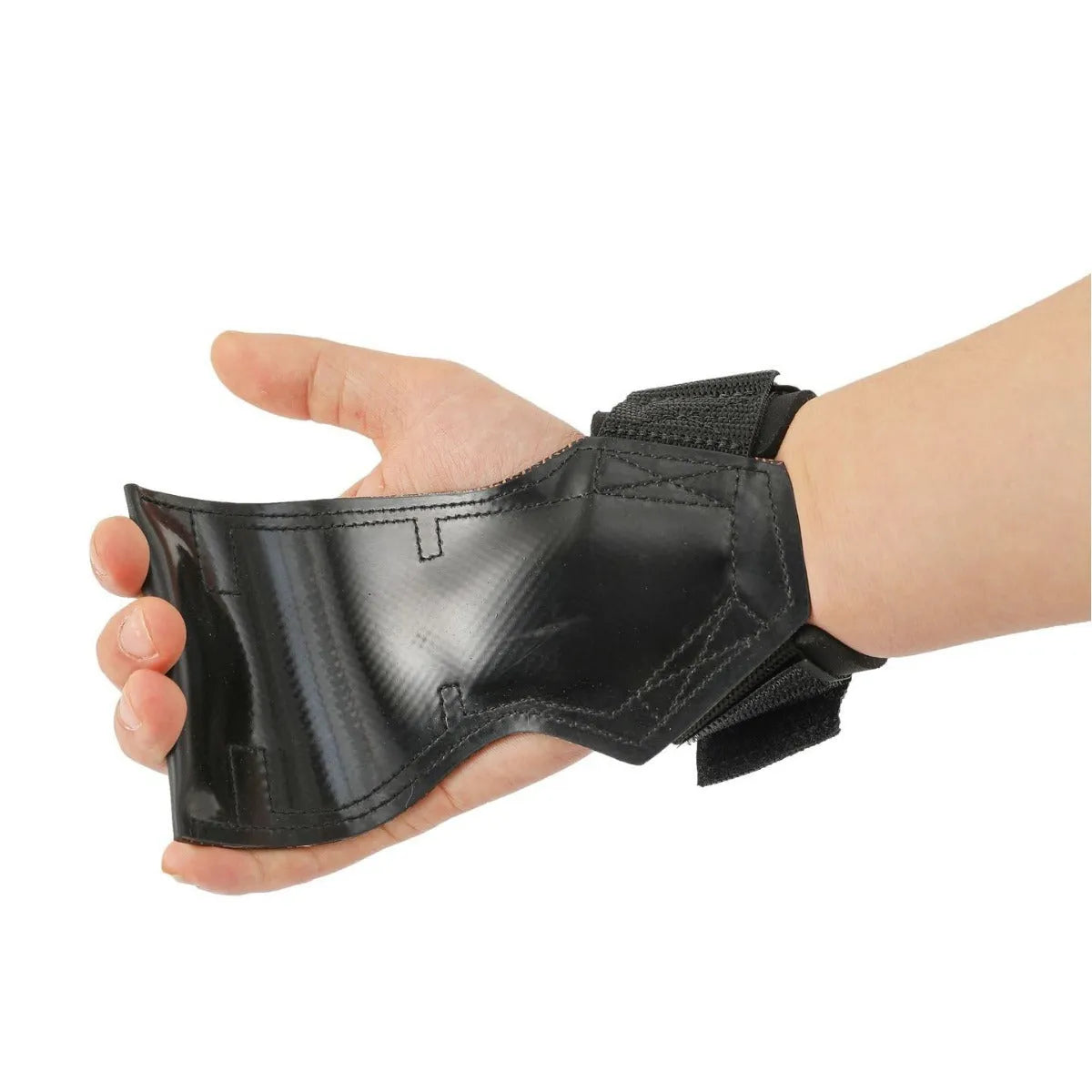 Black rubber palm protector with an assist strap for weightlifting and rock climbing.