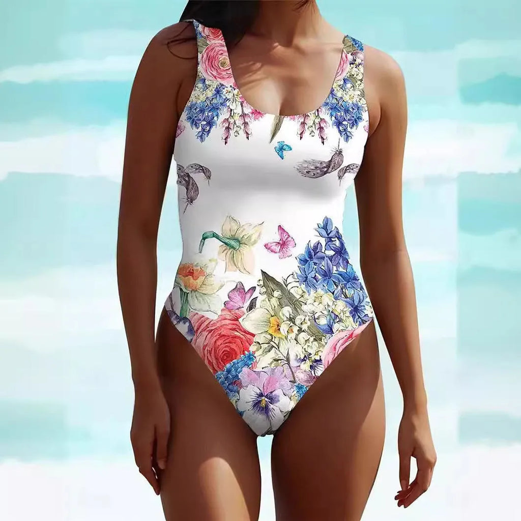 Women's bohemian-style sleeveless swimsuit dress in a patterned spandex fabric