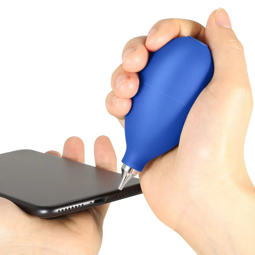 Blue and black rubber dust blower ball for cleaning cameras and mobile phones.
