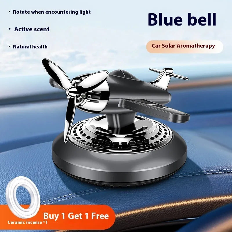 Blue solar car aromatherapy fighter decoration with Ocean Jasmine green tea scent on dashboard