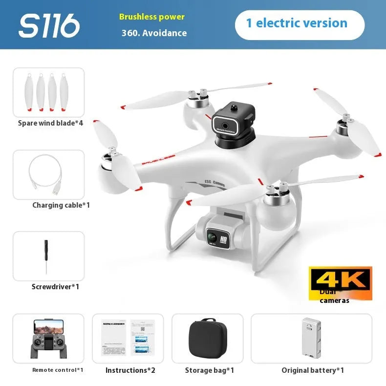 Black and white compact brushless UAV drone with four propellers and a camera, shown with its remote control.