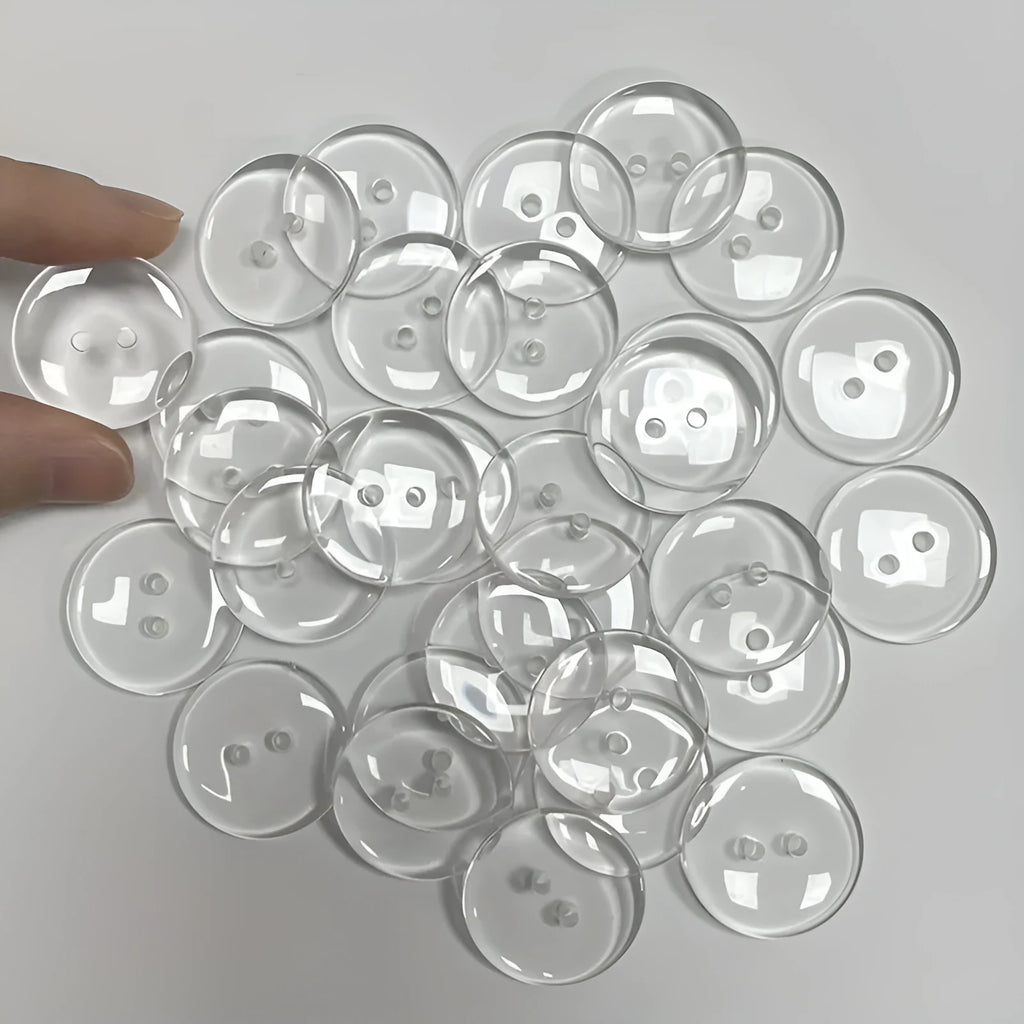 Transparent resin sewing buttons with two holes and 10mm diameter in a 100-piece pack