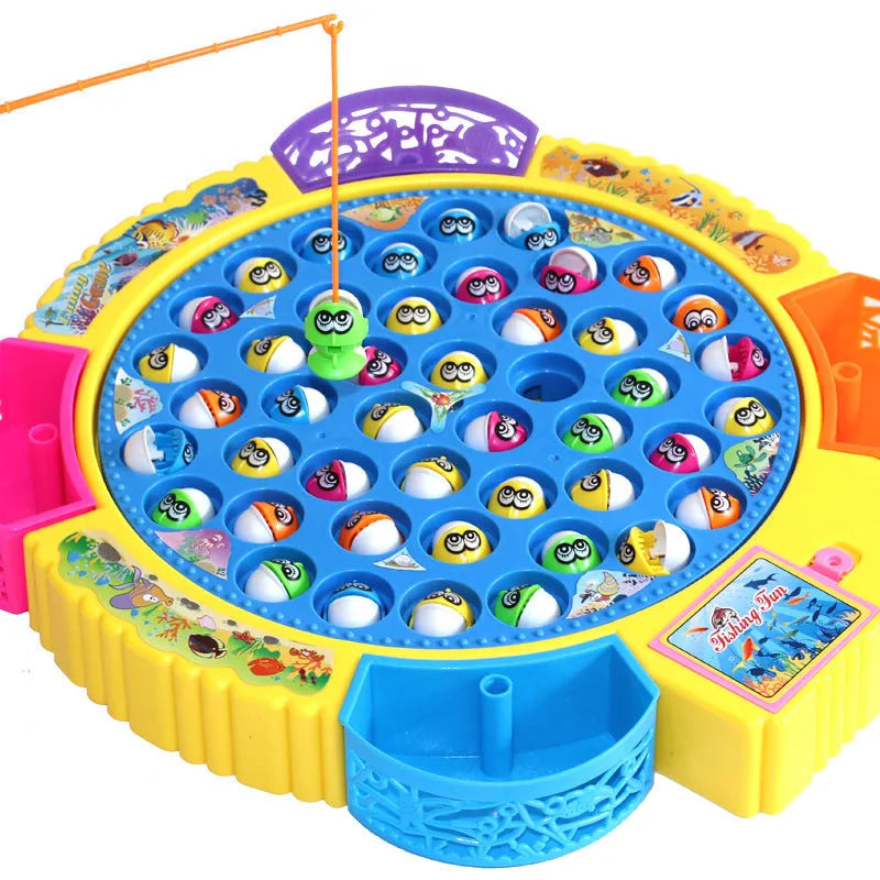 Children's plastic electric rotating fishing machine toy with 24 fish pieces and fishing rod