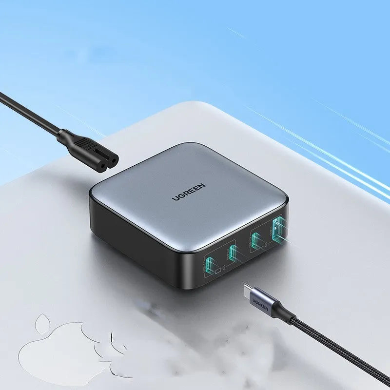 100W Gallium Nitride fast charger with USB-C ports compact 69mm size includes charging cable