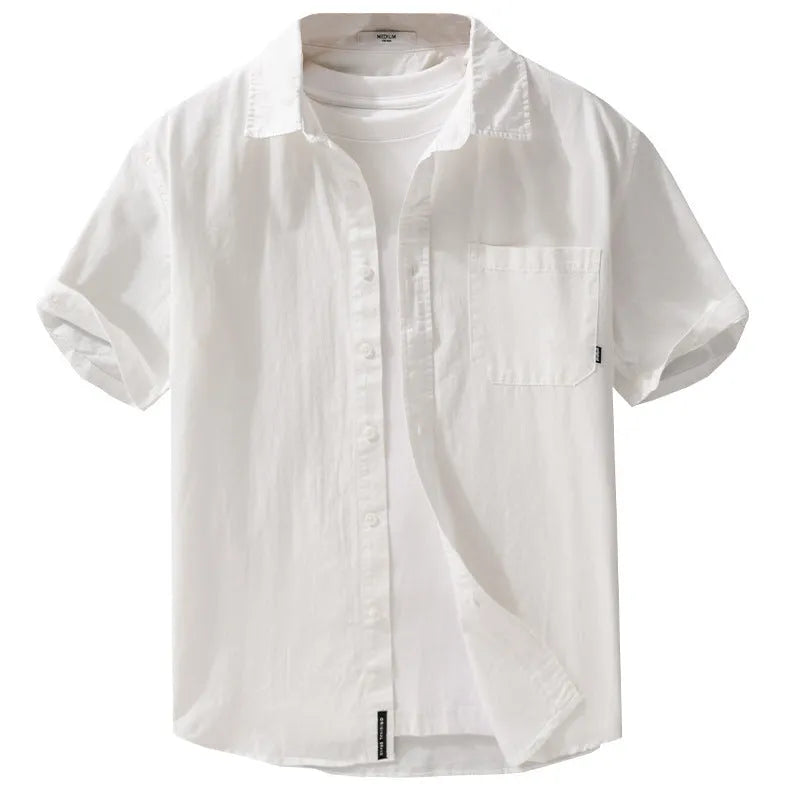 Man wearing a loose-fit light blue pure cotton short sleeve casual shirt.