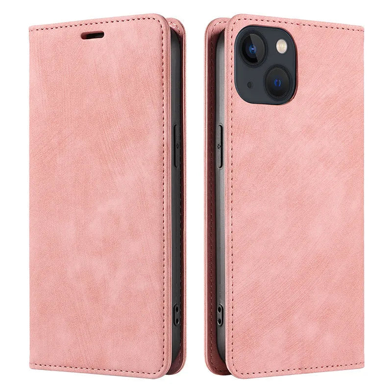 Magnetic flip phone case for iPhone in black, showing closed front cover with leather finish.