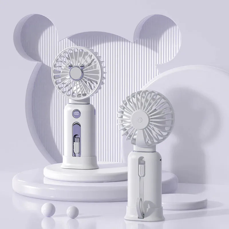 2-in-1 handheld fan with power bank, purple, 88mm brushless blades, compact USB rechargeable portable fan