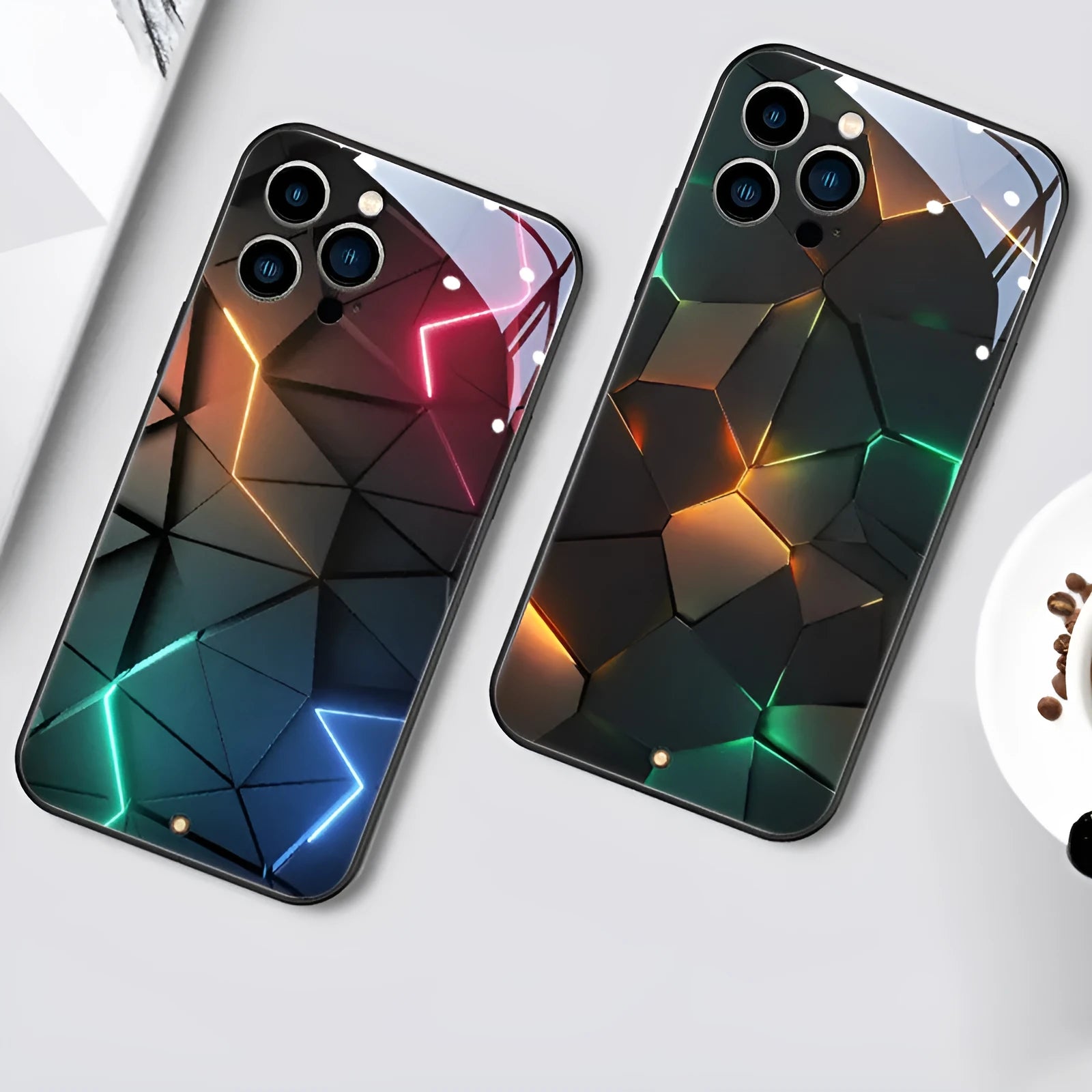 Xpress 14 iPhone case with illuminated diamond-grid pattern lighting up on a dark background.